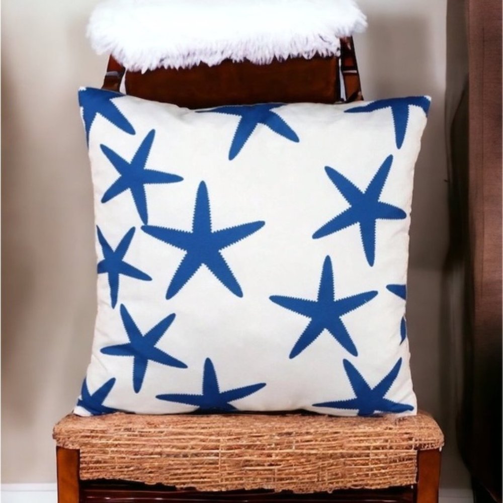 Coastal Starfish Pillow Cover Beach Nautical Square Blue White 17. 7 X 17.7 in - Picture 8 of 16